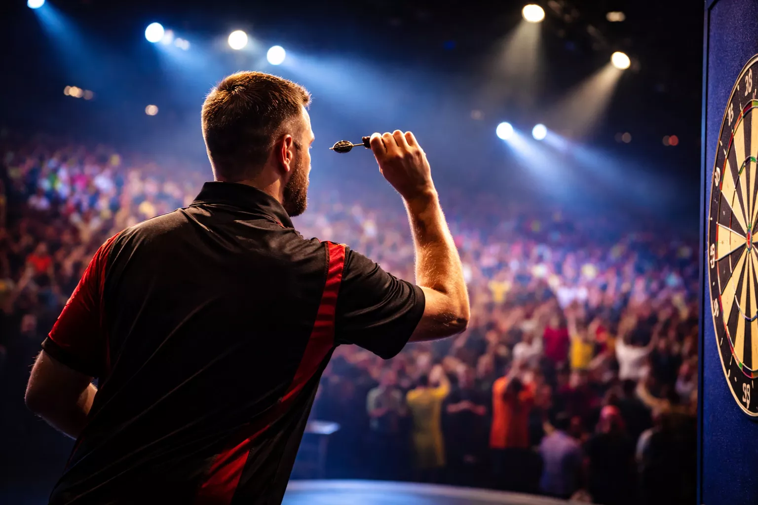 Dartspieler auf der WM-Bühne im Alexandra Palace vor jubelndem Publikum