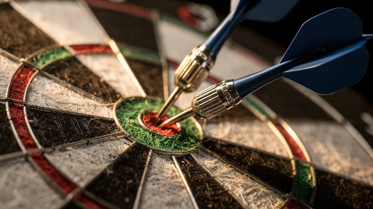 Nahaufnahme einer Dartscheibe mit drei Pfeilen im Triple-Segment
