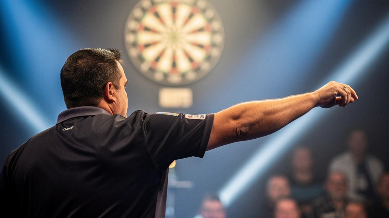 Dartspieler wirft konzentriert einen Pfeil auf der Bühne im Alexandra Palace