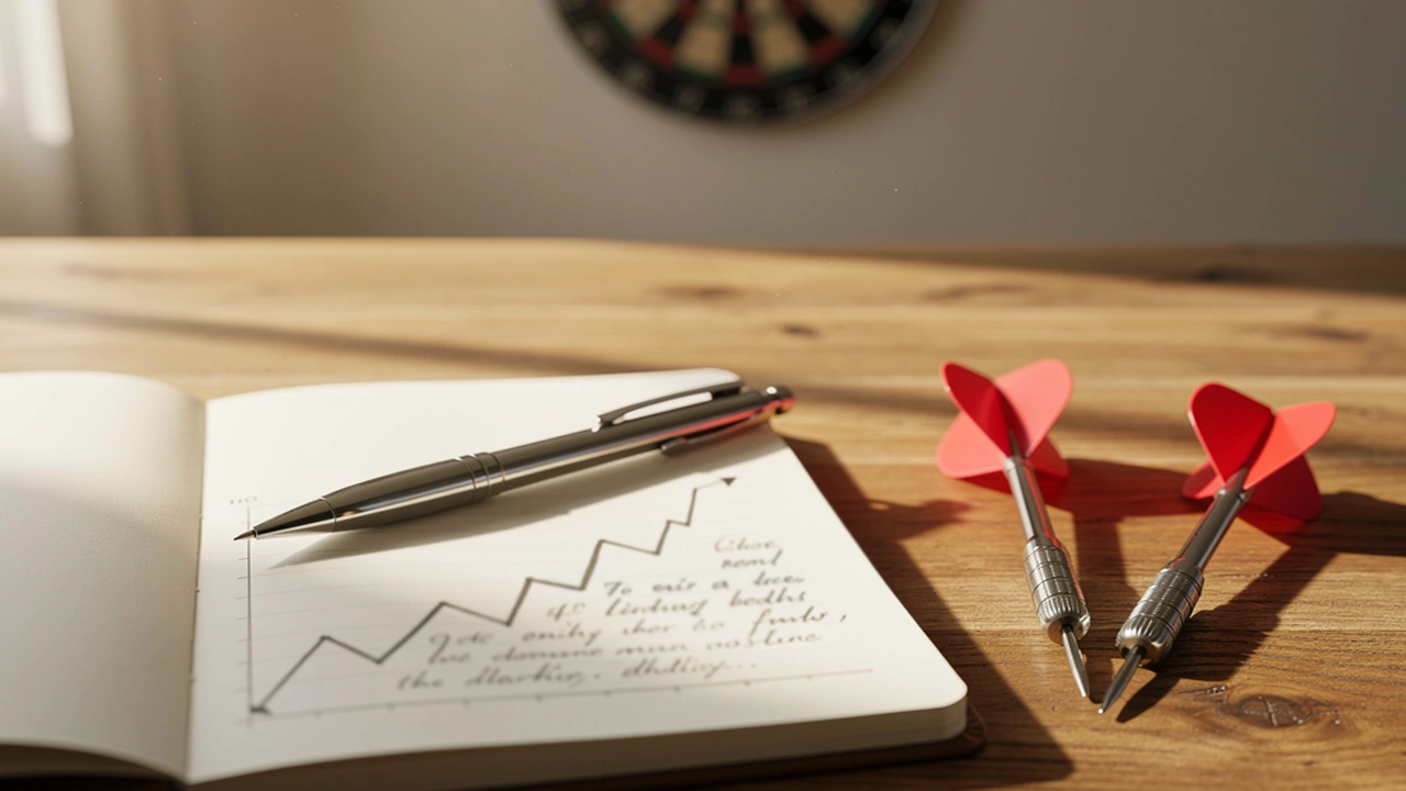 Dartscheibe und Statistik-Notizen auf einem Tisch bei der WM-Vorbereitung